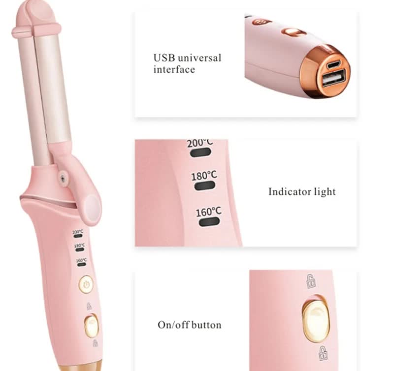 NNEDSZ Pink Mini Cordless Hair Curler with Adjustable Heat Settings and USB Charging-3