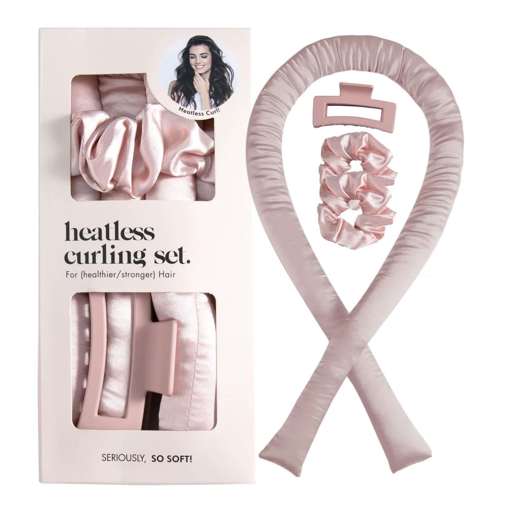 NNEDSZ 5PCS Pink Heatless Hair Curling Set with Scrunchie and Hair Clip - Silk Curling Ribbon-0