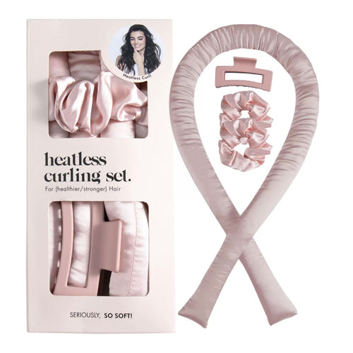 NNEDSZ 5PCS Pink Heatless Hair Curling Set with Scrunchie and Hair Clip - Silk Curling Ribbon-0